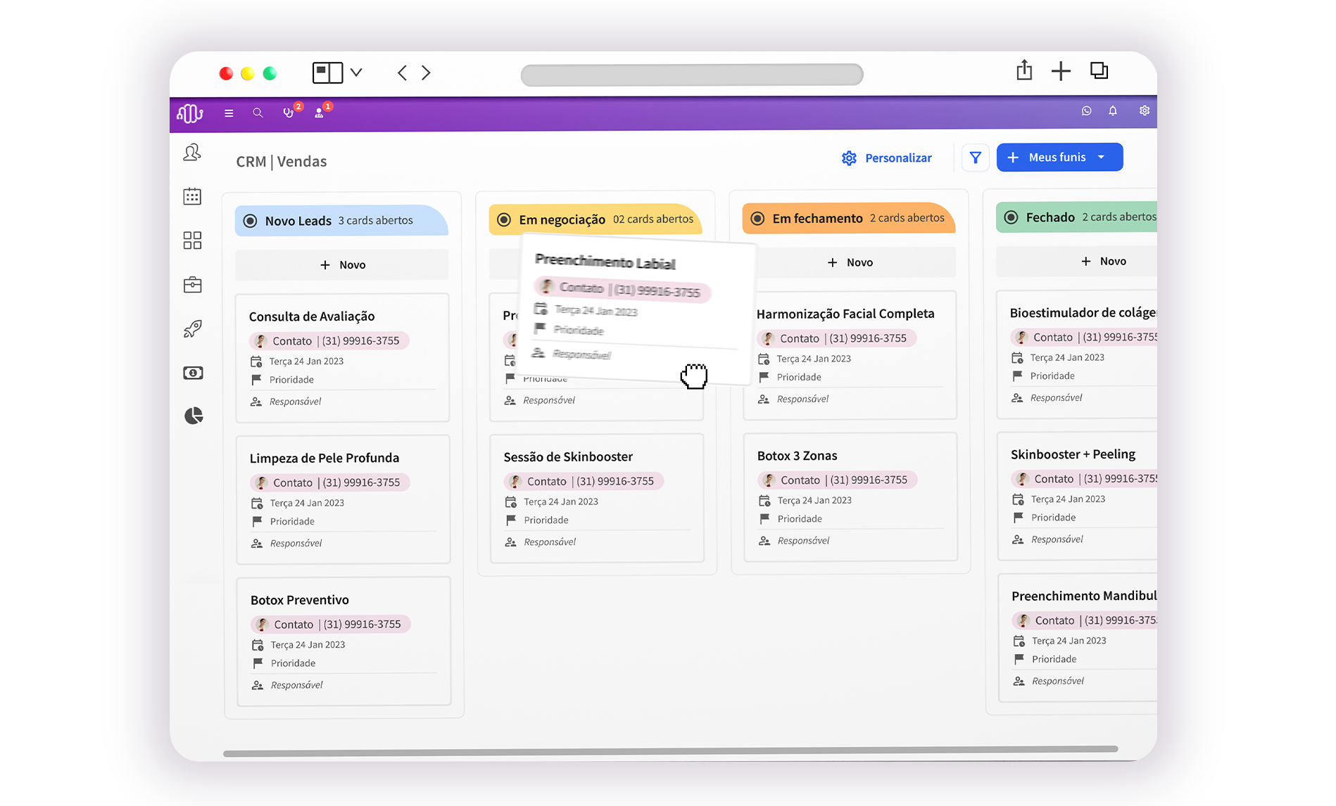 Tela principal do CRM da GestãoDS com funil de vendas para clínicas, gestão de leads, acompanhamento de negociações e organização de pacientes